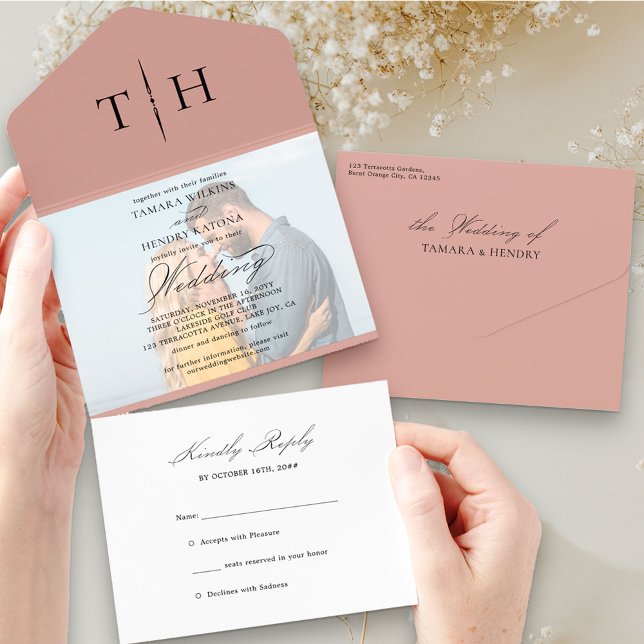 Simple Calligraphy Photo Rose Gold RSVP Wedding All In One Invitation (Creator Uploaded)