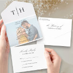Simple Calligraphy Photo RSVP White Wedding All In One Invitation<br><div class="desc">Elegant trifold white wedding invitation with tear off RSVP card and script calligraphy. Simple classic and elegant design in black and white to coordinate with your wedding colours (please browse my store for alternative colours or click "customize further" and change the background colour to suit). The template is ready for...</div>