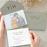 Simple Calligraphy Photo Sage Green RSVP Wedding All In One Invitation<br><div class="desc">Elegant trifold sage green wedding invitation with tear off RSVP card and script calligraphy. Simple classic and elegant design in sage green, black and white to coordinate with your wedding colours (please browse my store for alternative colours or click "customize further" and change the background colour to suit). The template...</div>