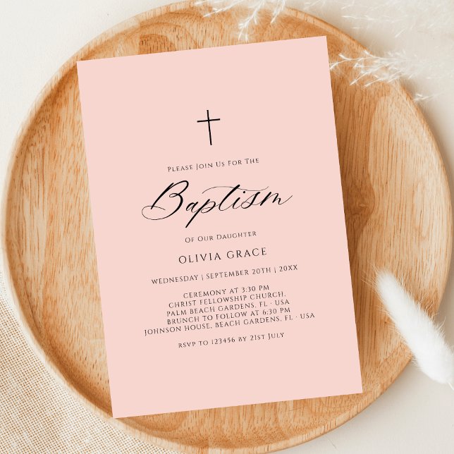 Simple Calligraphy Pink Baby Girl Baptism  Invitation (Creator Uploaded)