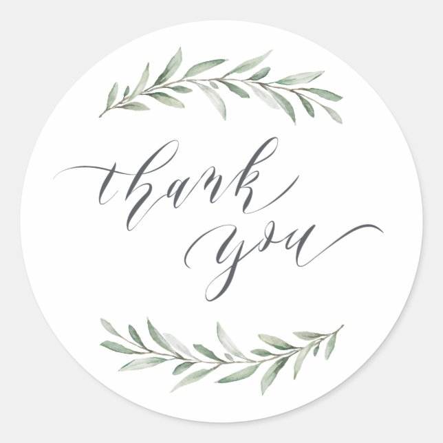 Simple calligraphy rustic greenery  thank you classic round sticker (Front)