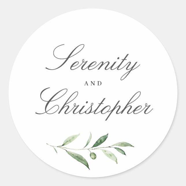 Simple calligraphy rustic greenery wedding favours classic round sticker (Front)
