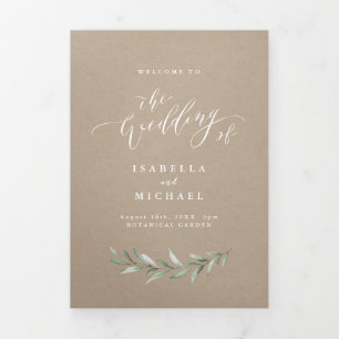 Simple calligraphy rustic greenery wedding program Tri-Fold programme