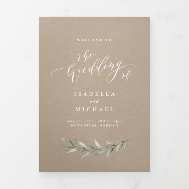 Simple calligraphy rustic greenery wedding program Tri-Fold programme (Cover)