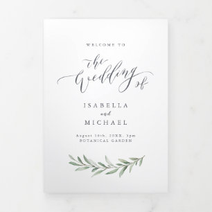 Simple calligraphy rustic greenery wedding program Tri-Fold programme