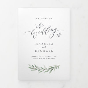 Simple calligraphy rustic greenery wedding program Tri-Fold programme