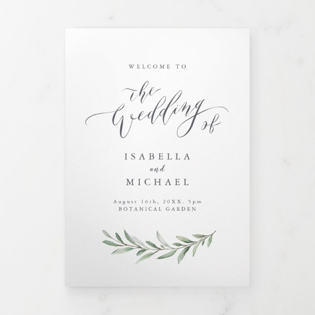 Simple calligraphy rustic greenery wedding program Tri-Fold programme (Cover)