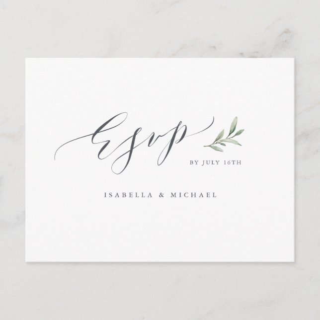 Simple calligraphy rustic greenery wedding RSVP Invitation Postcard (Front)