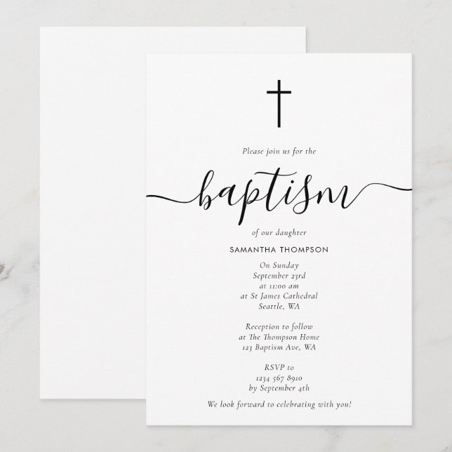 Simple Calligraphy Script Baptism Christening Invitation (Front/Back)