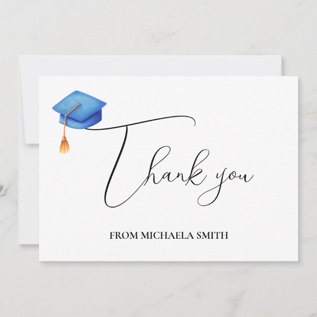 Simple Calligraphy Script Blue Graduation Thank You Card (Front)
