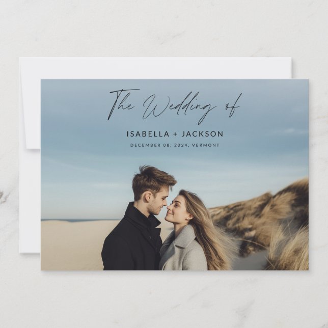 Simple Calligraphy Script Horizontal Photo Wedding Invitation (Front)