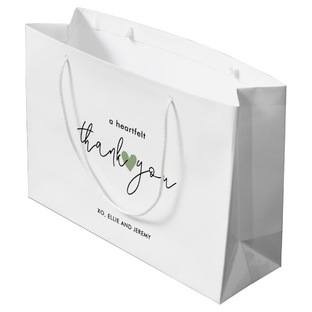 Simple Calligraphy Script Sage Green Heart Wedding Large Gift Bag (Back Angled)