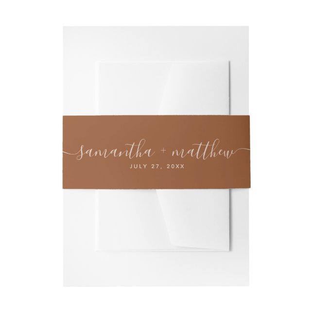 Simple Calligraphy Script Terracotta Wedding Invitation Belly Band (Front Example)