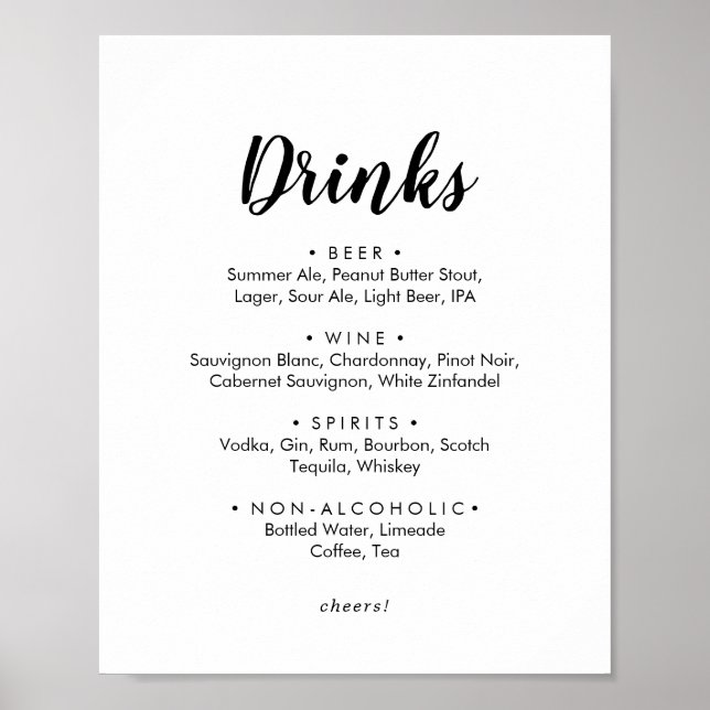 Simple Calligraphy Wedding Drinks Menu Sign (Front)