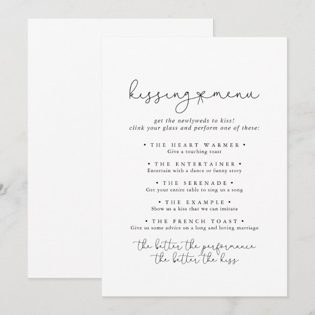 Simple Calligraphy Wedding Kissing Menu Game Card (Front/Back)