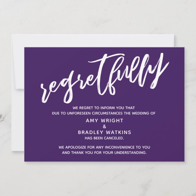 Simple Cancelled Wedding Regretfully Purple Card (Front)