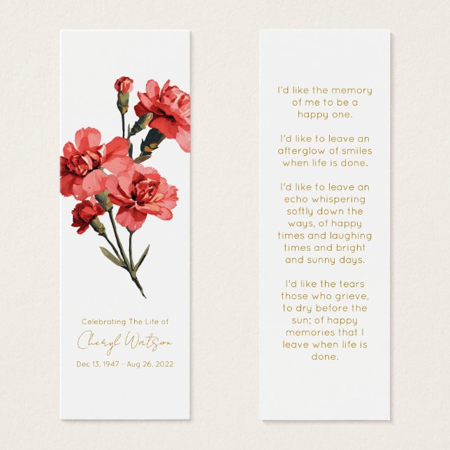 Simple Carnation Funeral Memorial Bookmark (Devant & derrière)
