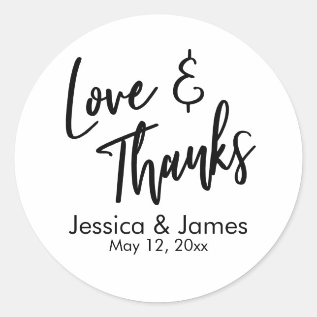 Simple Casual Love & Thanks Black & White Classic Round Sticker (Front)