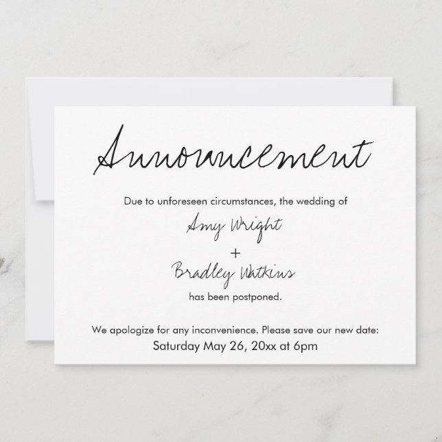 Simple, Casual Postponed Wedding Announcement (Front)