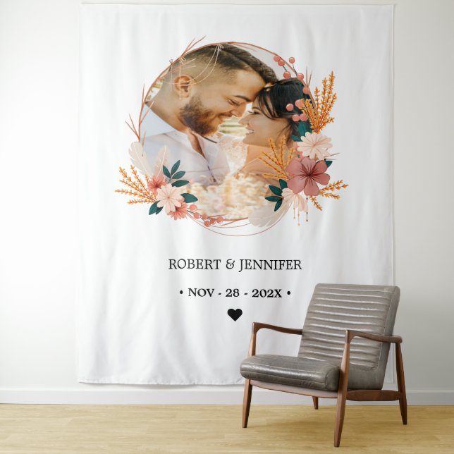 Simple Casual Wedding Welcome Sign with Photo  Tapestry (In Situ)