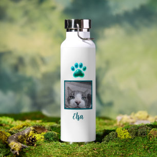 Simple Cat Photo & Name Neon Cat Paw Water Bottle