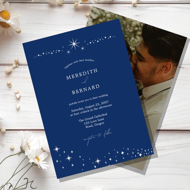 Simple Celestial Elegant Wedding Navy Blue Photo Invitation (Creator Uploaded)