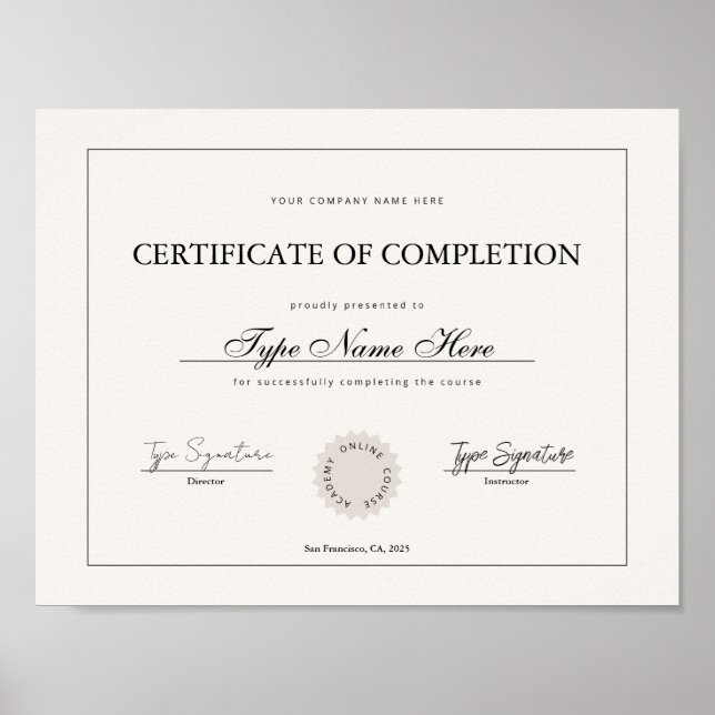 Simple Certificate of completion, diploma Poster (Front)