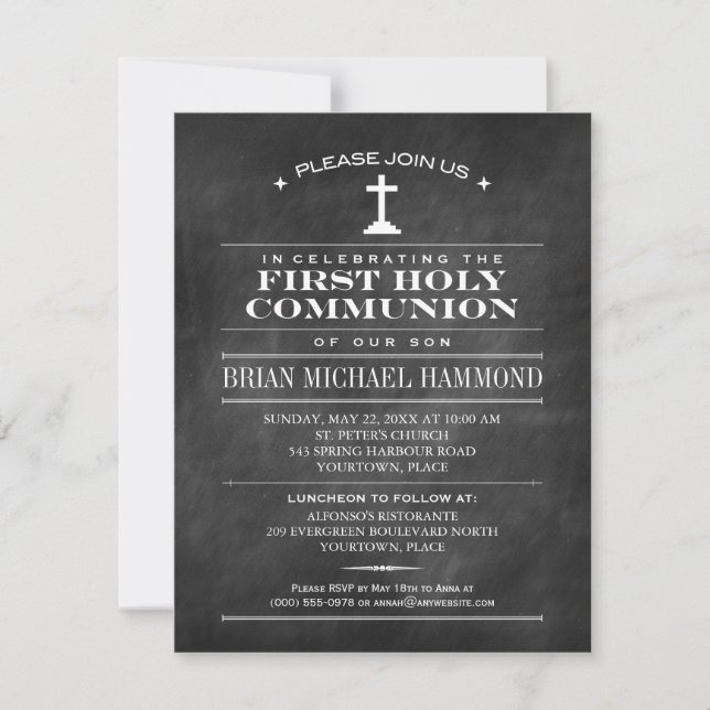 Simple Chalkboard First Holy Communion Invitation (Front)