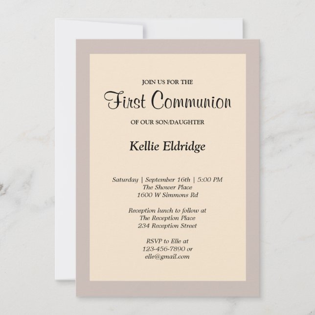 Simple Champagne Framed First Communion Invitation (Front)