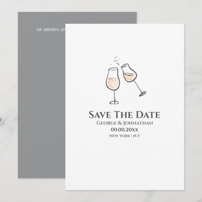 Simple champagne glasses illustration minimalist save the date (Front/Back)