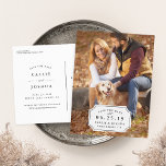 Simple Charm Save the Date Announcement Postcard<br><div class="desc">Elegant and simple save the date postcard features your favourite portrait-oriented full bleed photo with "save the date, " your wedding date, names and wedding location displayed in classic black lettering on a white notched rectangle element accented with a tiny flourish. An understated choice for sophisticated couples. Postcards reverse to...</div>