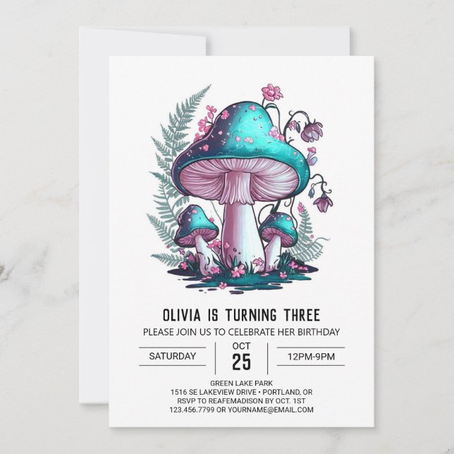 Simple Charming Digital Mushroom Birthday Invitation (Front)