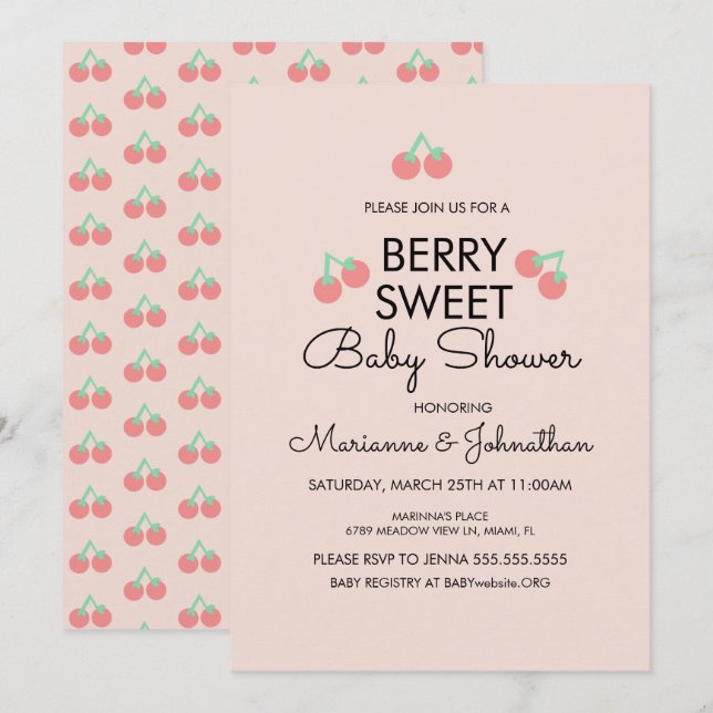Simple Cherries Fruit Pink Baby Shower Invitation (Front/Back)