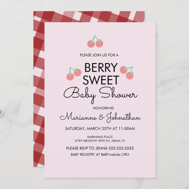 Simple Cherries Fruit Pink Red Baby Shower  Invitation (Front/Back)