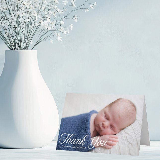 Simple Chic Baby Photo White Script Overlay Thank You Card (Creator Uploaded)