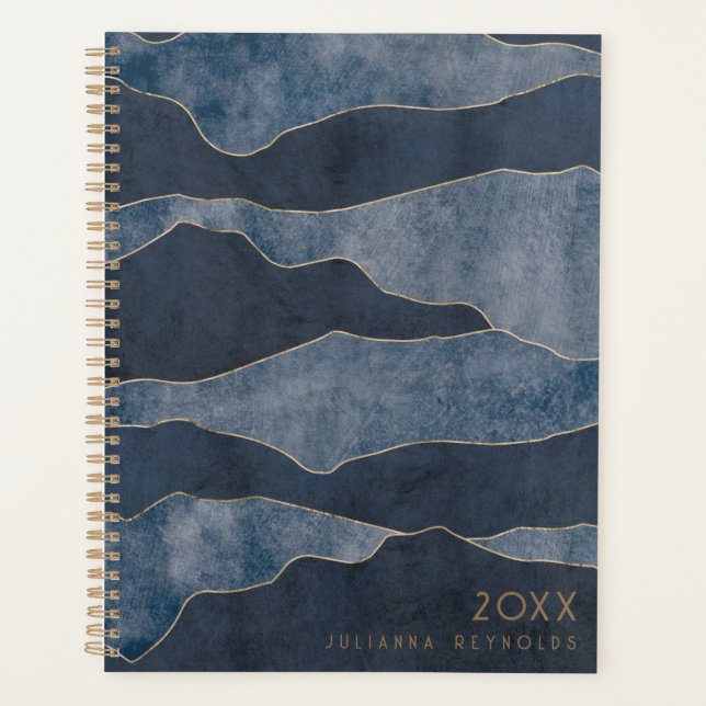 Simple Chic Blue Mountains with Gold Accents Planner (Front)