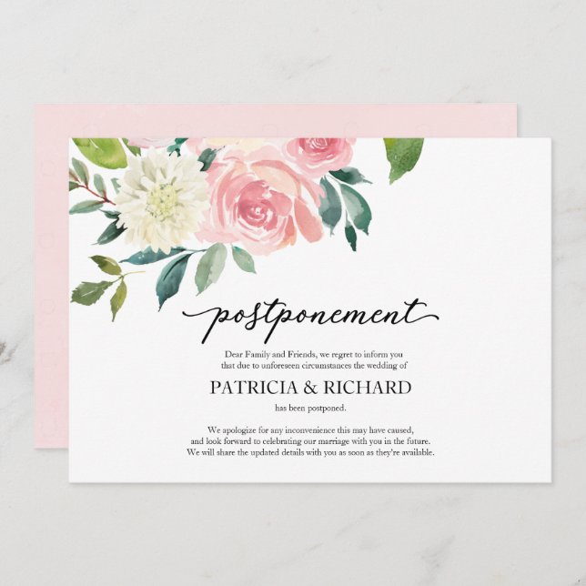Simple Chic Blush Floral Wedding Postponement Invitation (Front/Back)