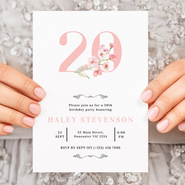 Simple Chic Blush Pink White Floral 20th Birthday Invitation (Creator Uploaded)