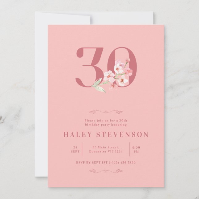 Simple Chic Blush Pink White Floral 30th Birthday Invitation (Front)