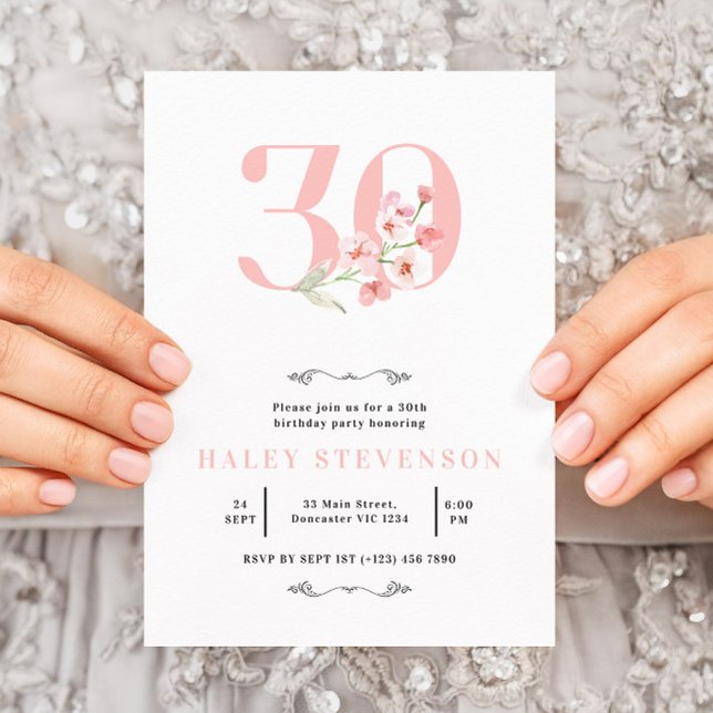 Simple Chic Blush Pink White Floral 30th Birthday Invitation (Creator Uploaded)