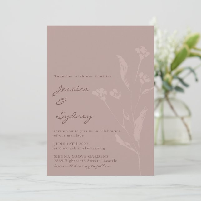 Simple Chic Botanical Script Dusty Mauve Wedding Invitation (Standing Front)