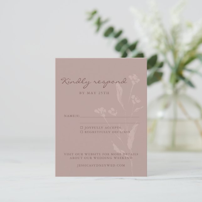 Simple Chic Botanical Script Dusty Mauve Wedding  RSVP Card (Standing Front)