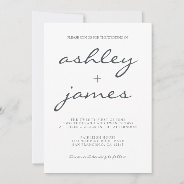 Simple Chic Calligraphy Black White Wedding Invitation (Front)