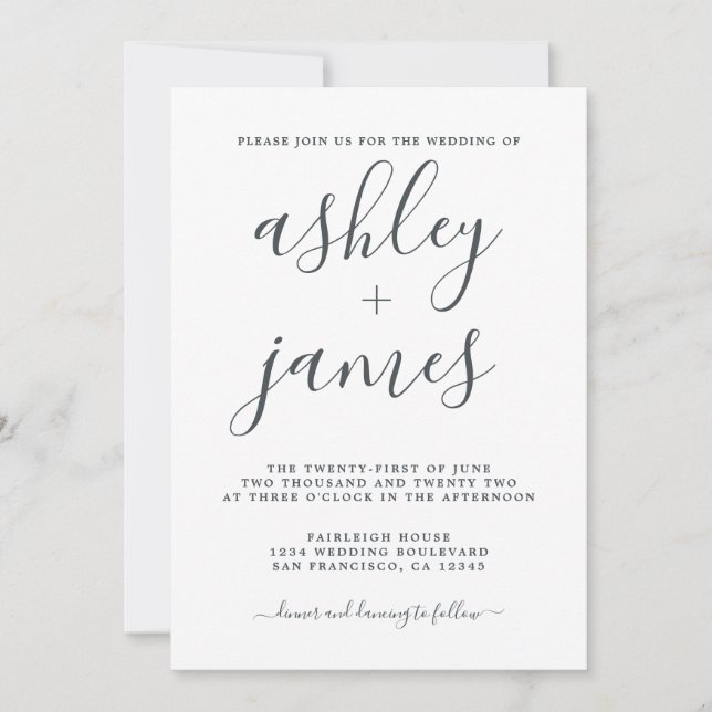 Simple Chic Calligraphy Black White Wedding Invitation (Front)