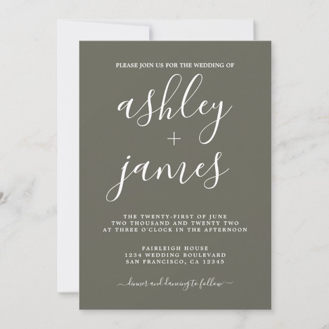 Simple Chic Calligraphy Dusty Olive Wedding Invitation (Front)