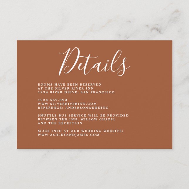 Simple Chic Calligraphy TerraCotta Wedding Details Enclosure Card (Front)