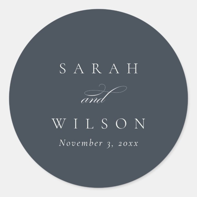 Simple Chic Elegant Script Black Navy Wedding Classic Round Sticker (Front)