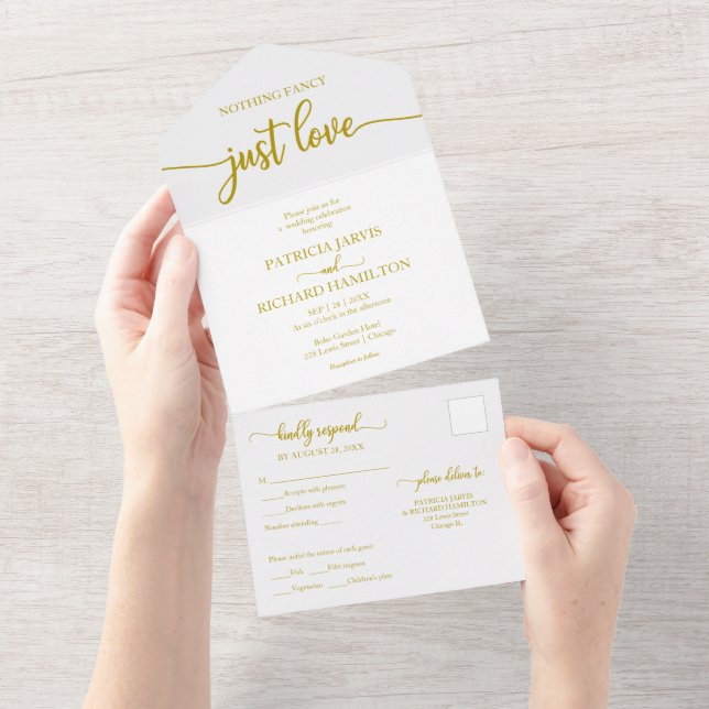 Simple Chic Gold Calligraphy Casual Wedding All In One Invitation (Tearaway)