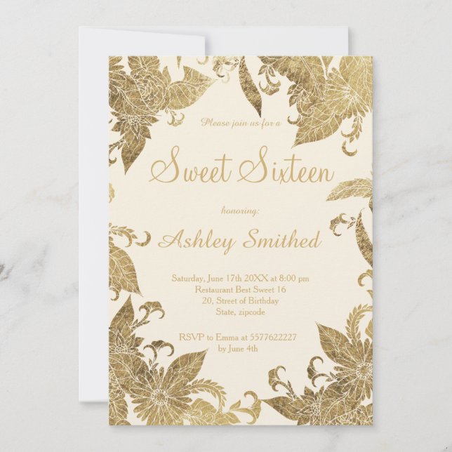 Simple chic ivory faux gold foil floral Sweet 16 Invitation (Front)