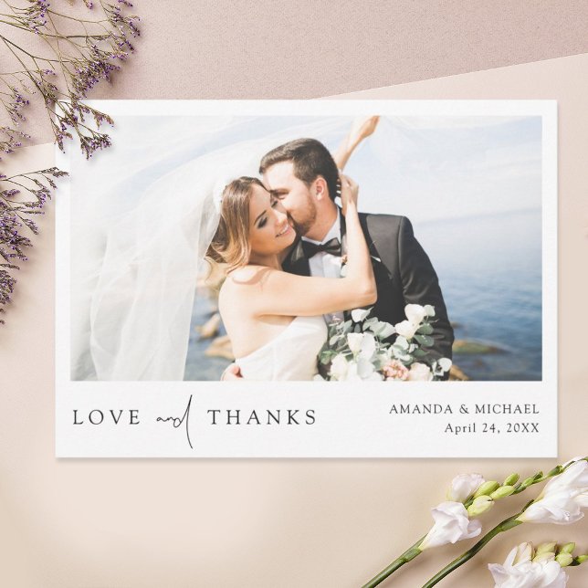Simple Chic Love and Thanks Modern Wedding Photo Thank You Card (Creator Uploaded)